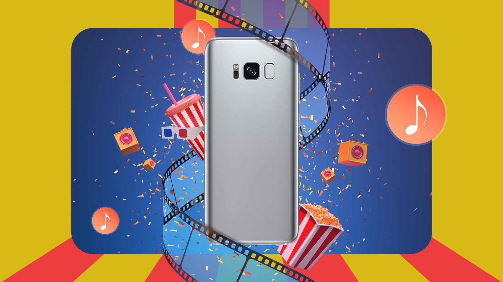Старый смартфон окружён катушками плёнки, нотами, попкорном, колонками и 3D‑очками.