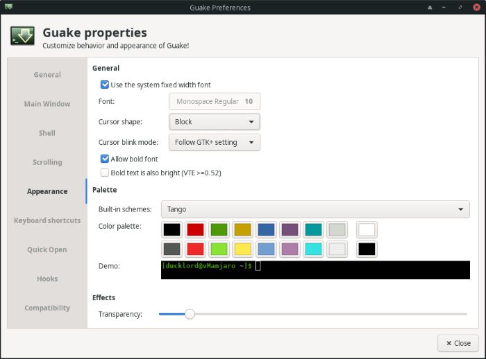Опции внешнего вида Guake