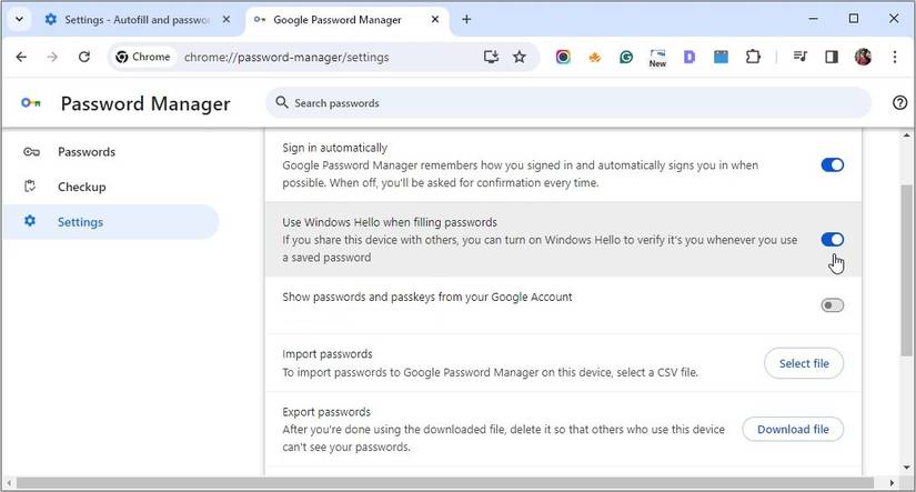 Включение функции Windows Hello для автозаполнения паролей в Chrome