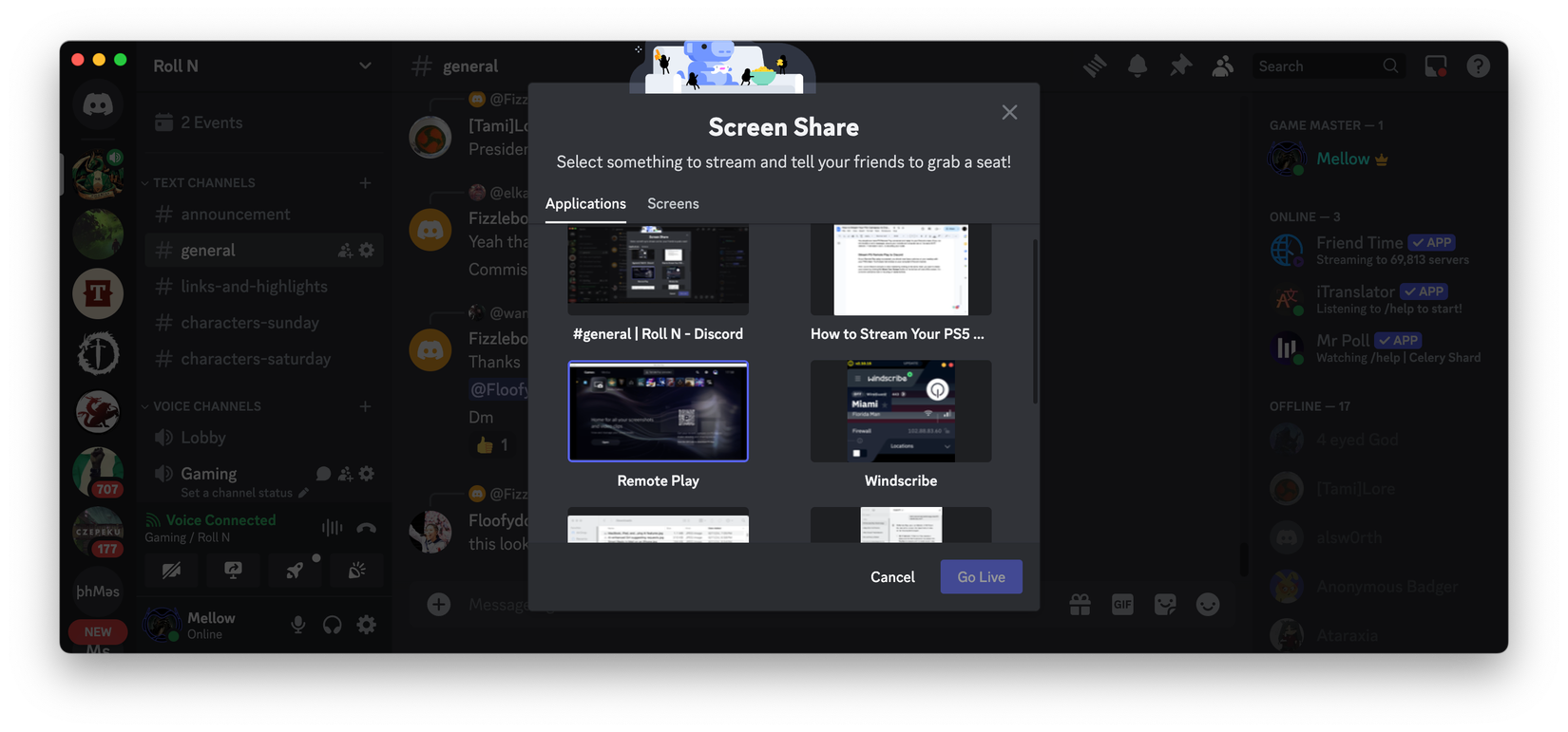 Выбор окна Remote Play в меню совместного использования экрана Discord.
