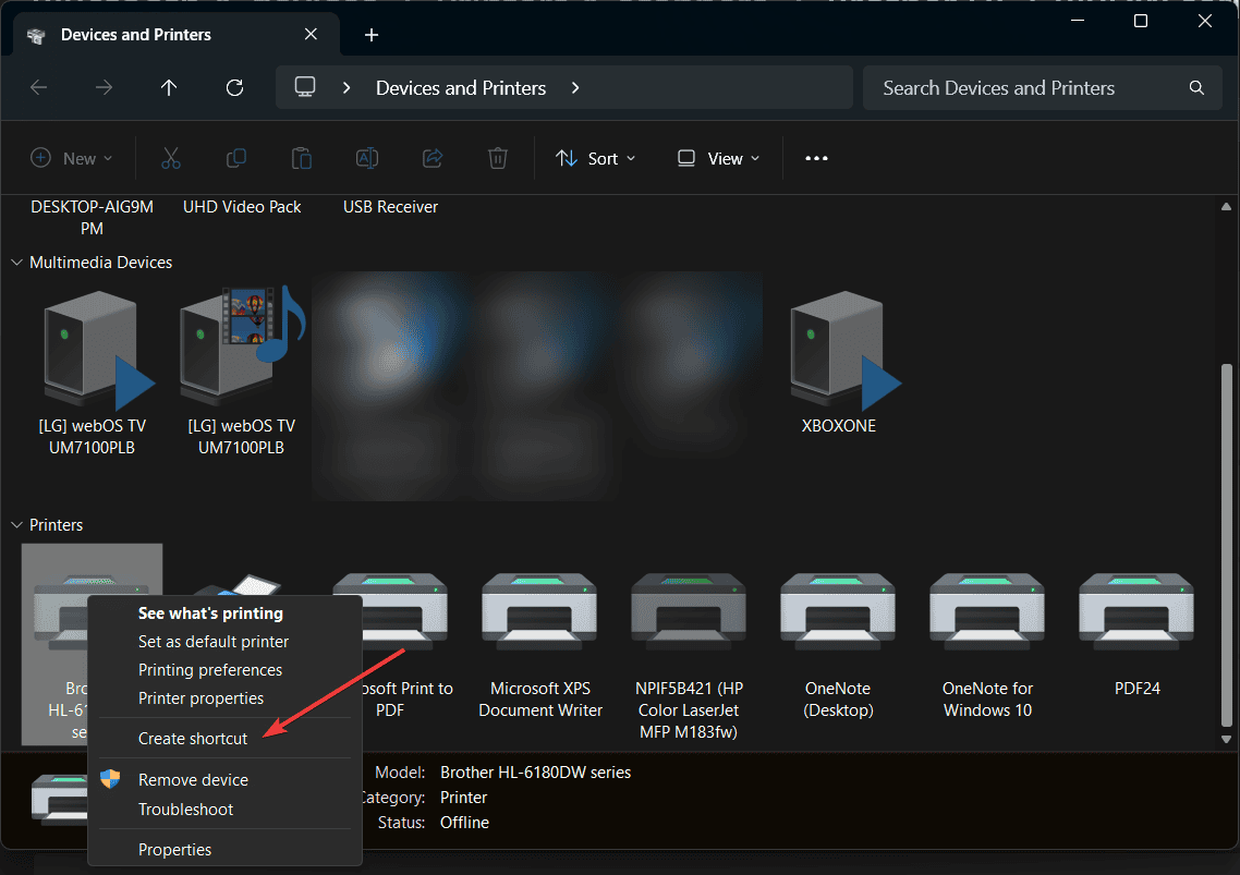 Контекстное меню принтера с опцией создания ярлыка на рабочем столе