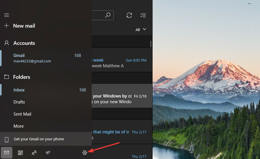 Кнопка Параметры в Почте