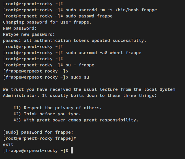 Создан пользователь frappe и переход в root