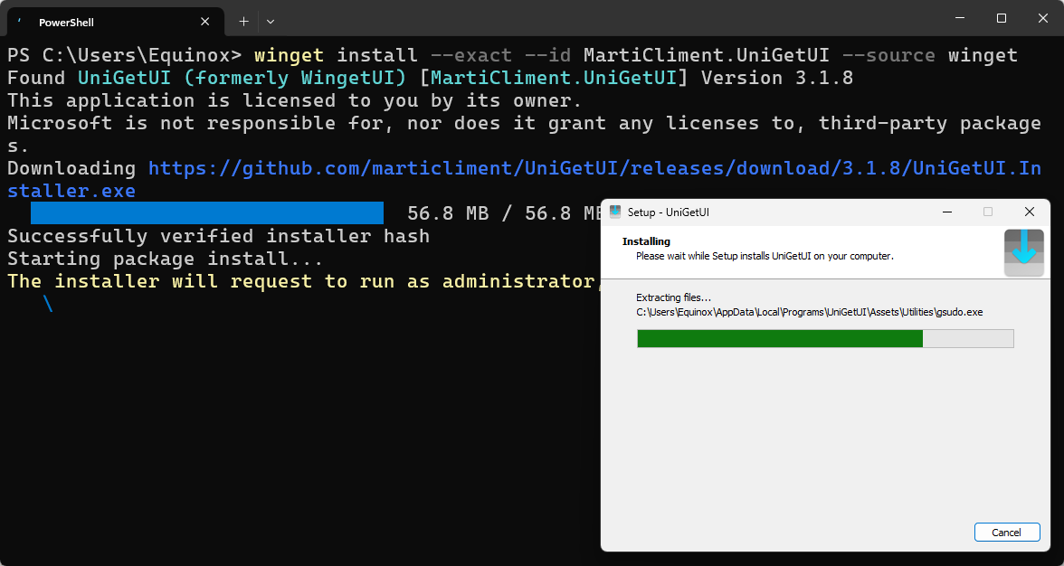 Установка UniGetUI через терминал Windows (PowerShell)