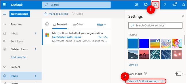Настройки веб-приложения Outlook — шестерёнка в правом верхнем углу