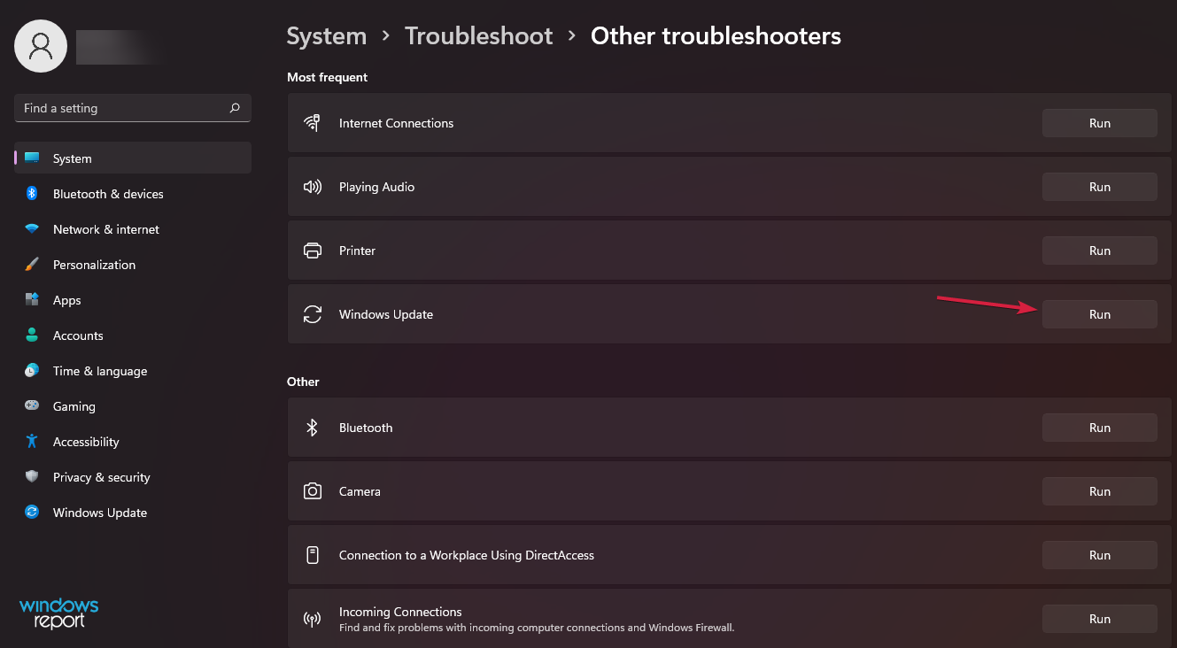Кнопка Запустить для средства устранения неполадок Windows Update в Windows 11