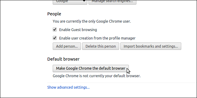 Кнопка для установки Chrome по умолчанию в настройках