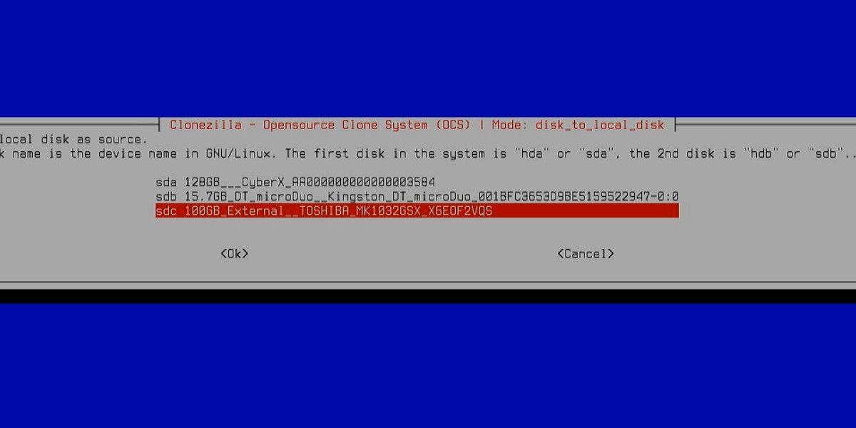 Выбор исходного диска в Clonezilla