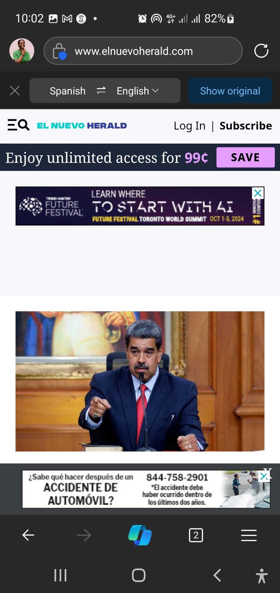 Испанская страница, переведённая на английский в Edge на мобильном устройстве