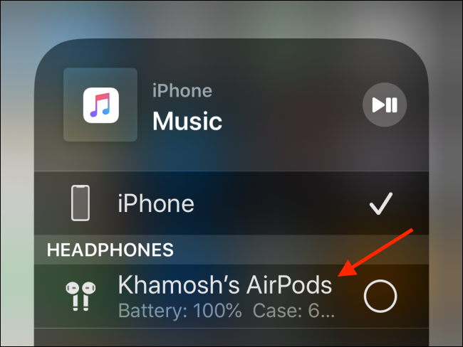 Выберите AirPods для подключения