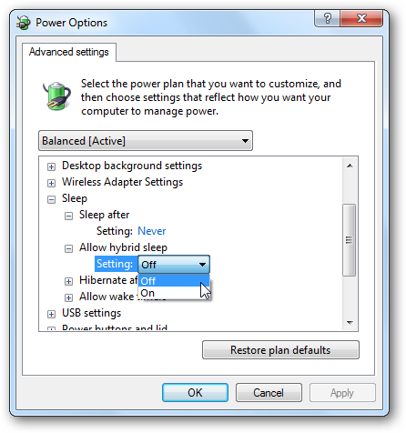Отключение гибридного спящего режима в настройках электропитания