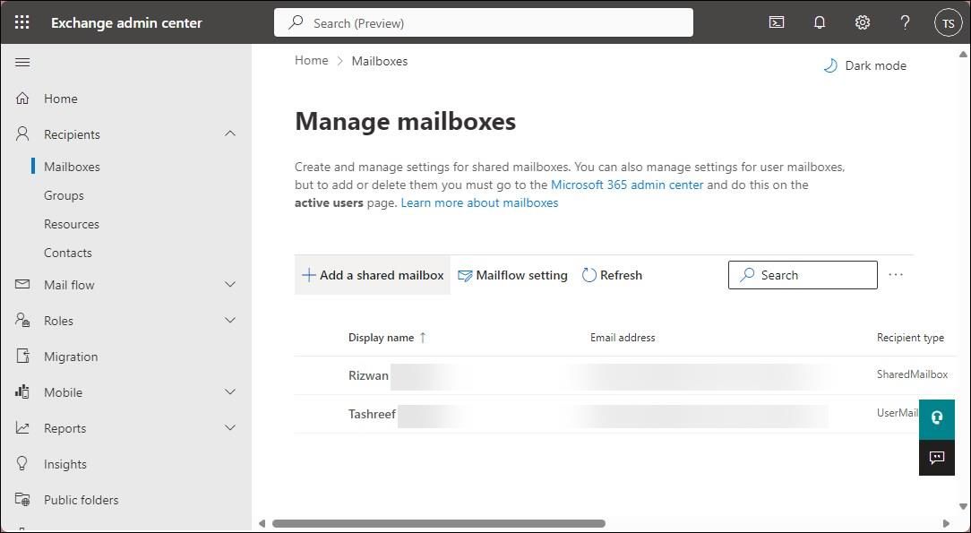 Панель управления почтовыми ящиками в центре администрирования Microsoft Exchange.