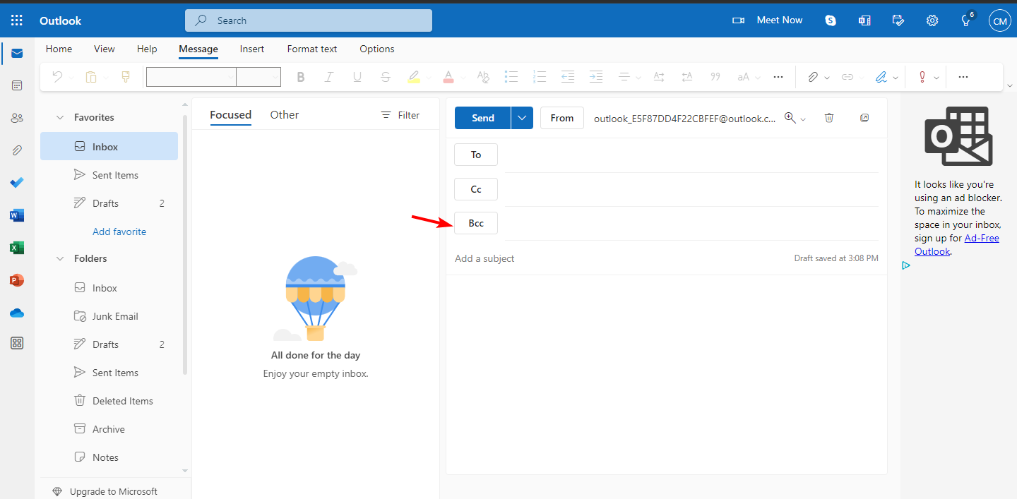 Интерфейс Outlook: поле BCC