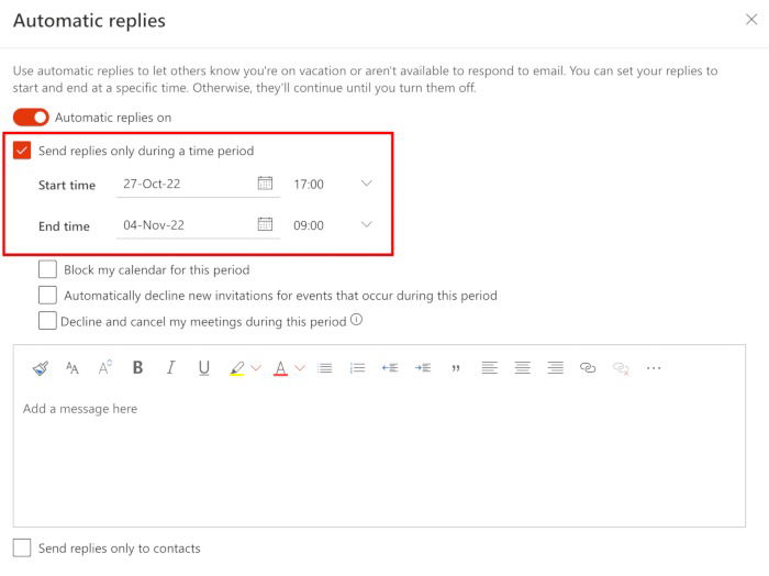Выбор дат начала и окончания автоответа