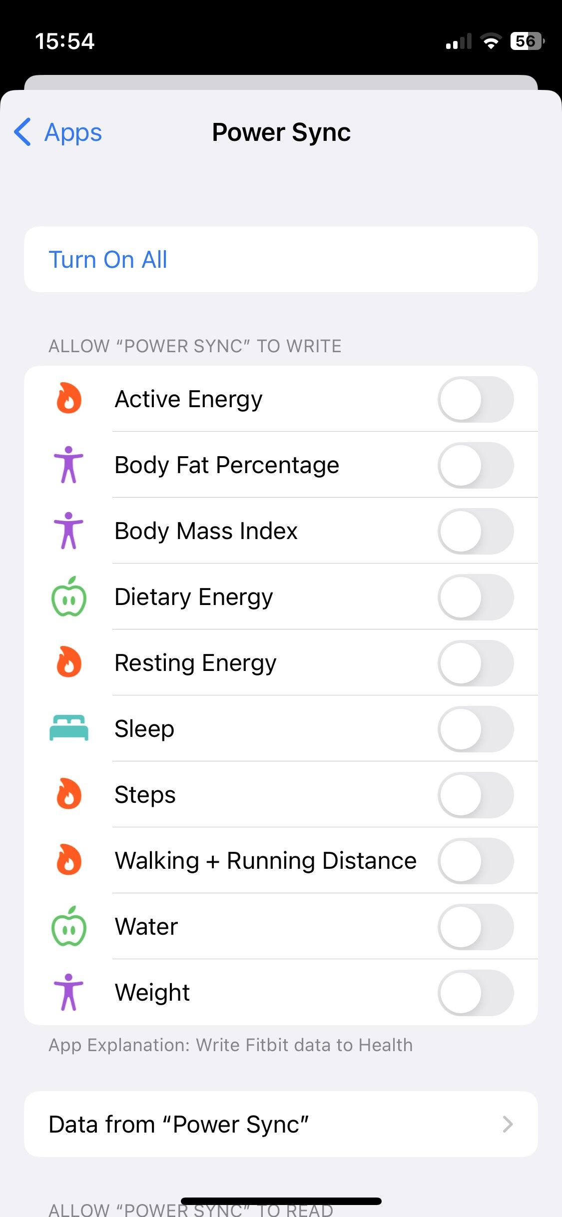Power Sync — включение чтения и записи в Apple Health