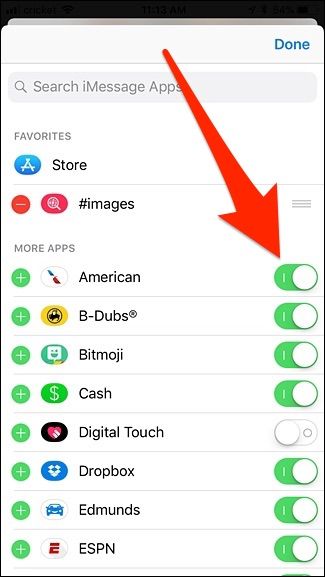 Переключатели приложений iMessage в положении «выключено»