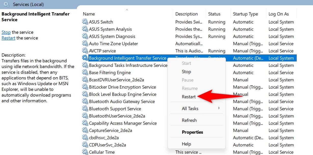 'Кнопка «Перезапустить» для службы Background Intelligent Transfer Service в оснастке служб Windows.'