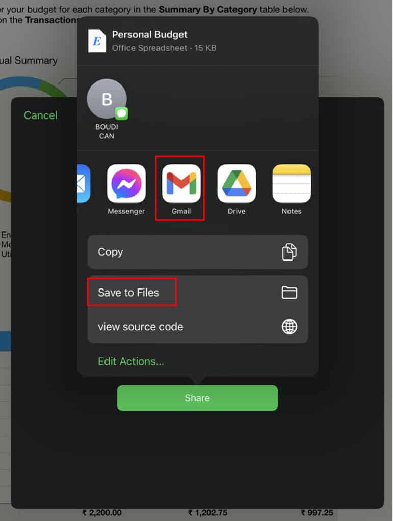 Опции отправки: 'Сохранить в файлы' или Gmail на iPad