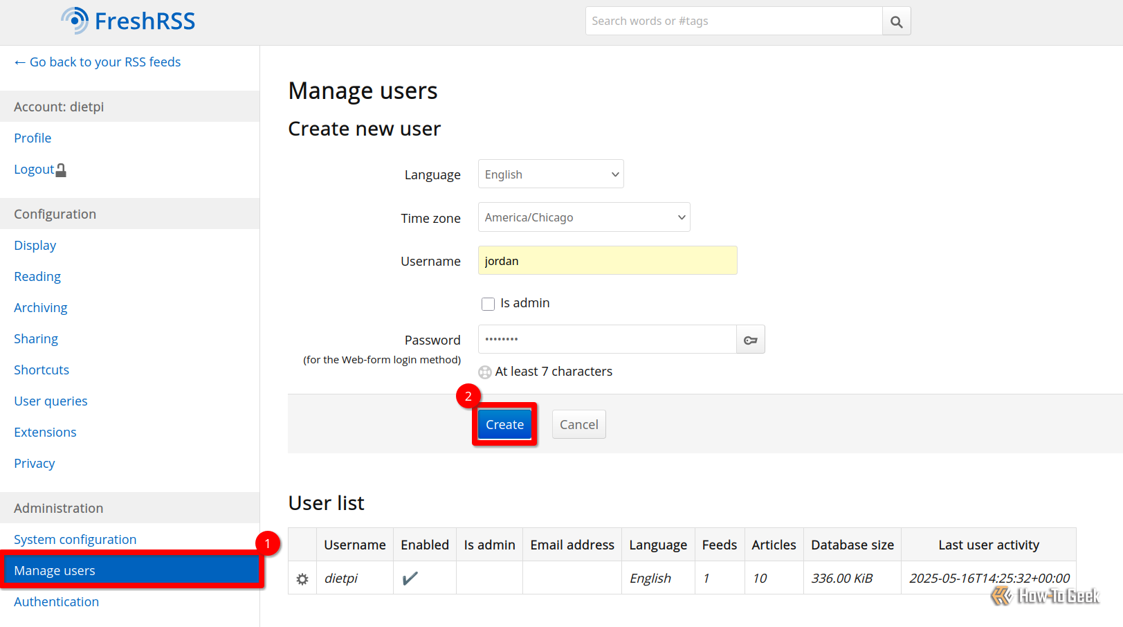 Страница управления пользователями FreshRSS с выбором создания нового пользователя.