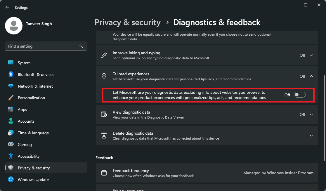 Отключение опции использования диагностических данных для персонализации рекомендаций и рекламы.