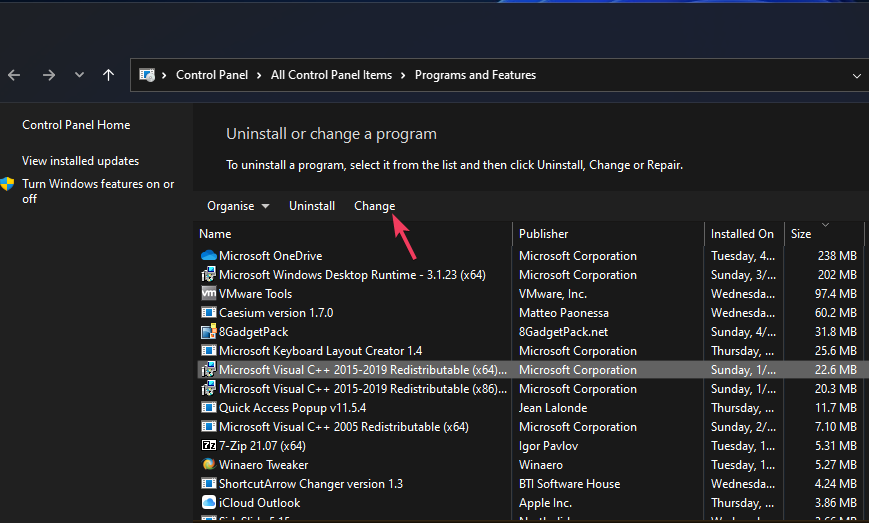 Кнопка Change api-ms-win-crt-runtime-l1-1-0.dll