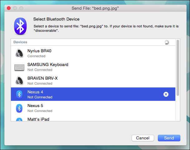 Подтверждение целевого устройства в OS X перед отправкой файла