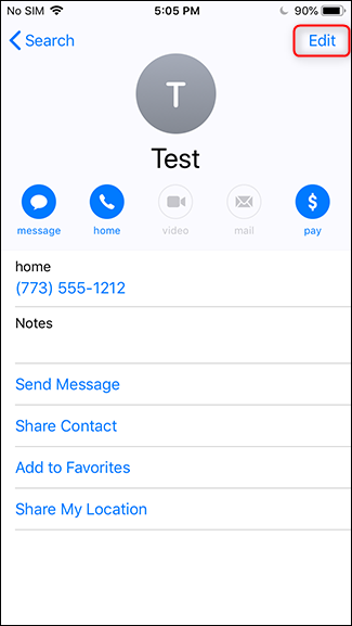 Кнопка «Править» выделена в интерфейсе контакта