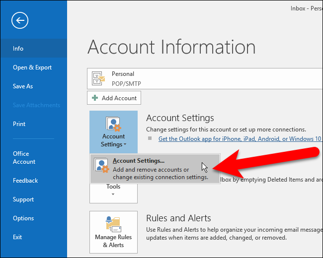 Выбор Account Settings из меню File