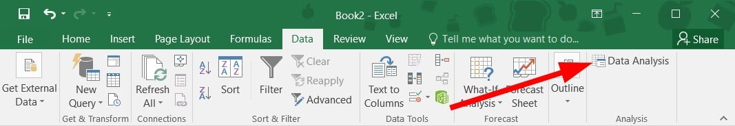 Кнопка «Анализ данных» добавлена на панель инструментов