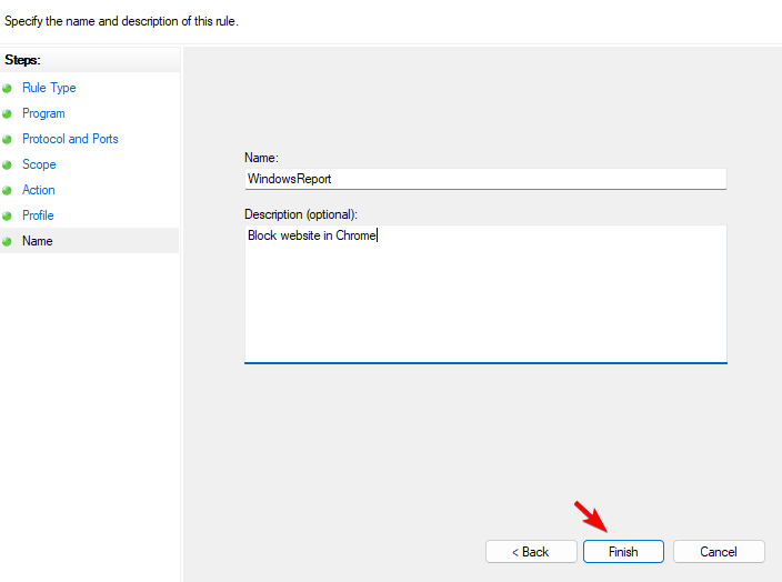 Придумайте имя и описание для правила брандмауэра