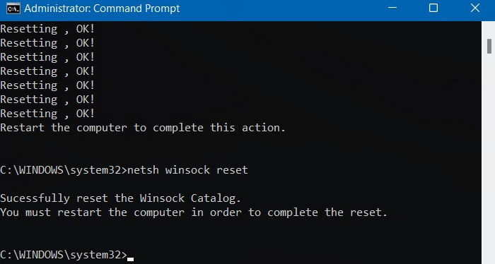 Снимок командной строки с примером netsh winsock reset