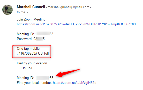 Номер для набора с мобильного телефона в приглашении на Zoom