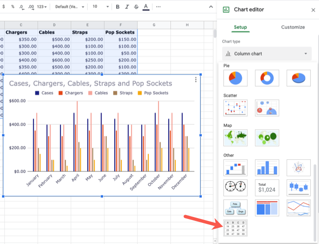 Выбор типа диаграммы «Таблица» в редакторе