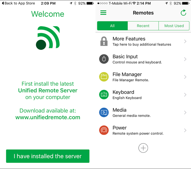 Список доступных пультов Unified Remote на телефоне