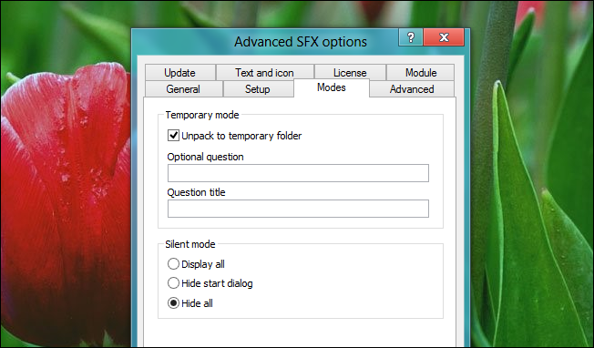 Вкладка Modes: распаковать во временную папку и скрытый режим