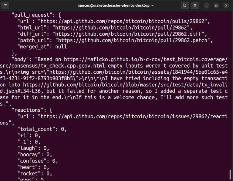 Терминал: большой вывод API Github