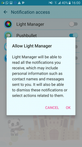 Разрешения Light Manager для доступа к уведомлениям Android