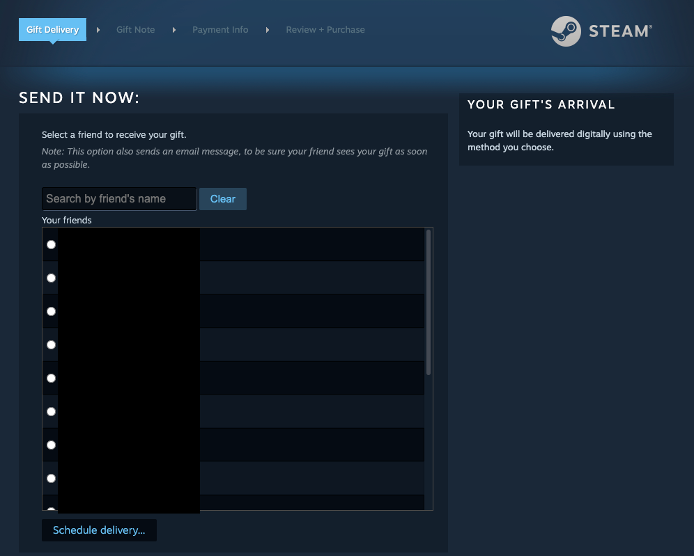 Страница выбора получателя подарка со списком друзей Steam.