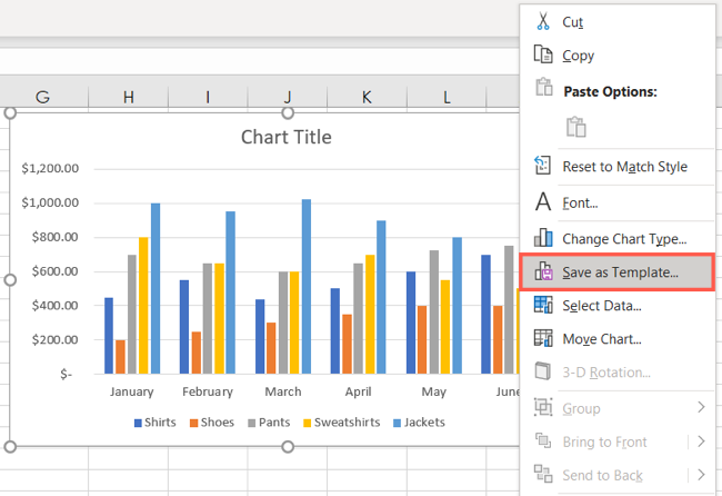 Контекстное меню диаграммы: выбрать «Сохранить как шаблон»