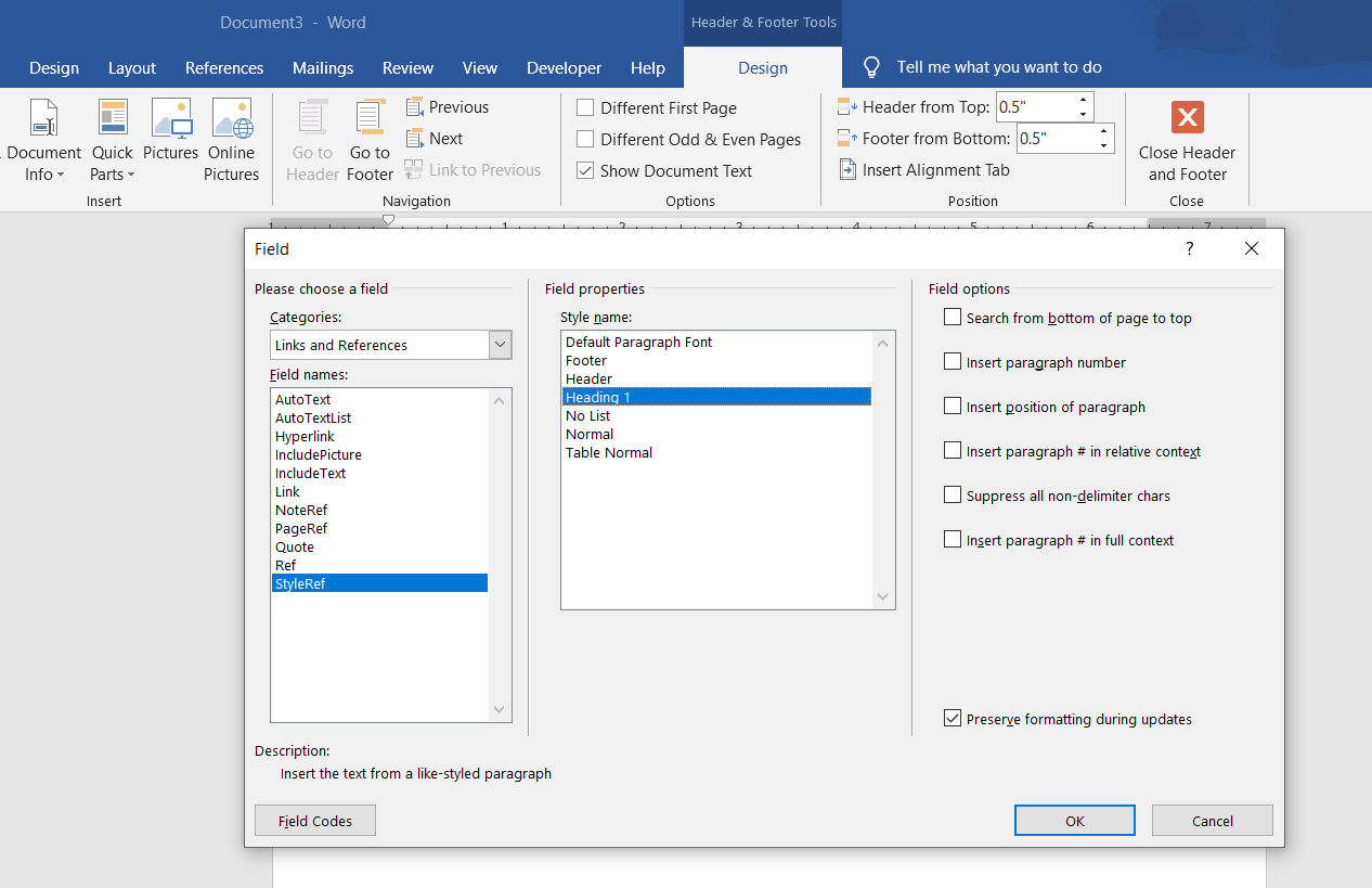Добавление поля StyleRef в верхний колонтитул для динамического отображения заголовка