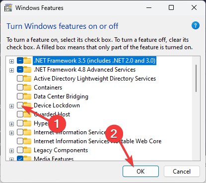 Окно Включение компонентов Windows с флажками
