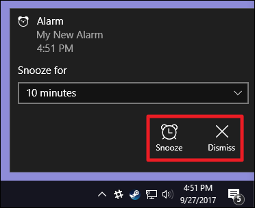 Уведомление о срабатывании будильника с кнопками Dismiss и Snooze