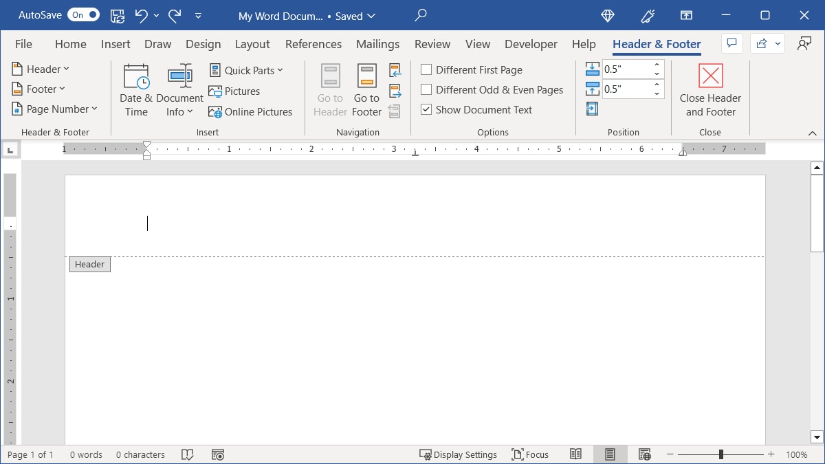 Header area in Word