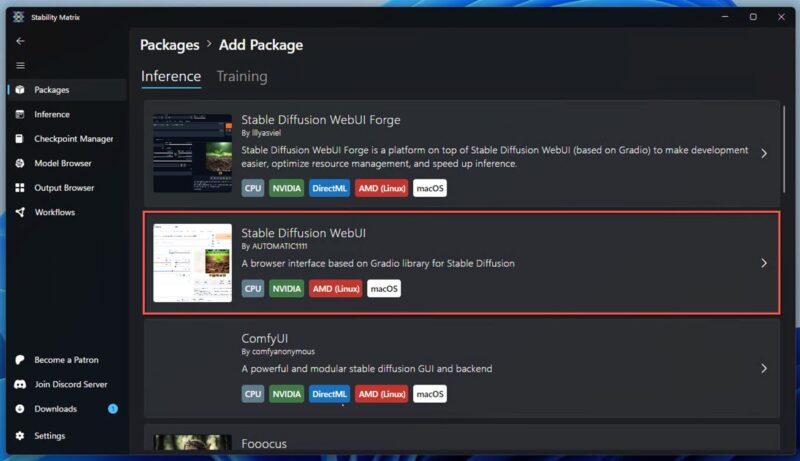 Stability Matrix: интерфейс запуска WebUI и пакетов