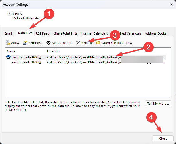 Liste des fichiers de données Outlook montrant l'option Remove pour supprimer un OST