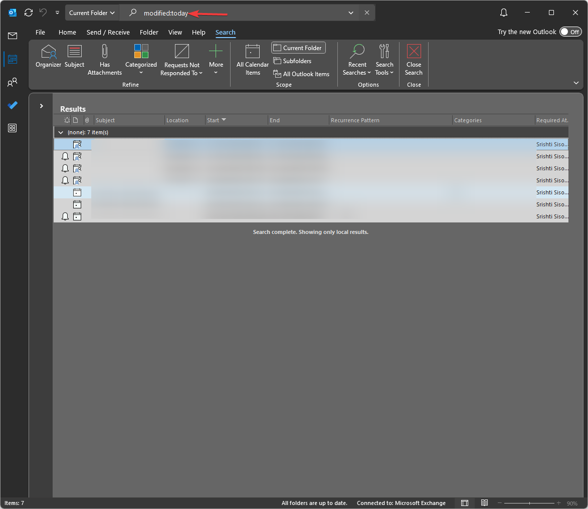 Поиск элементов, изменённых сегодня