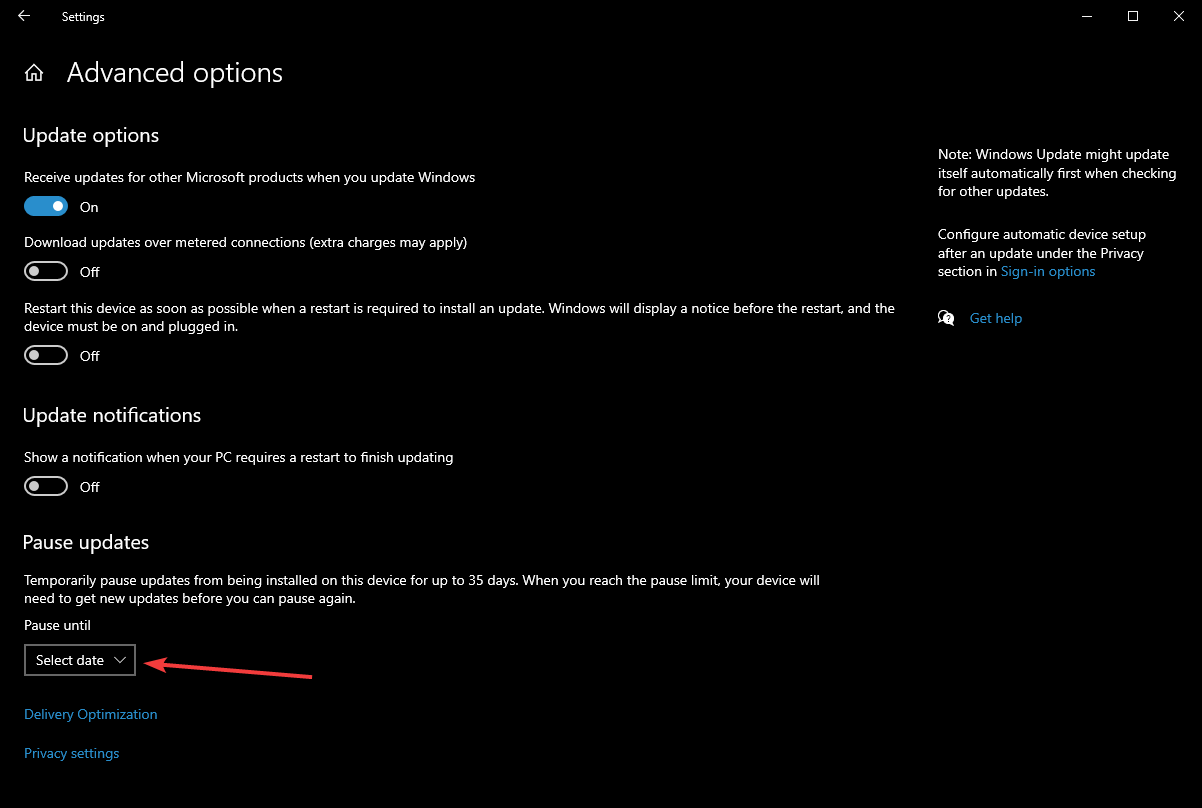 Выбор даты приостановки обновлений