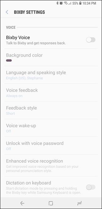 Опции голосового ввода Bixby затемнены после отключения