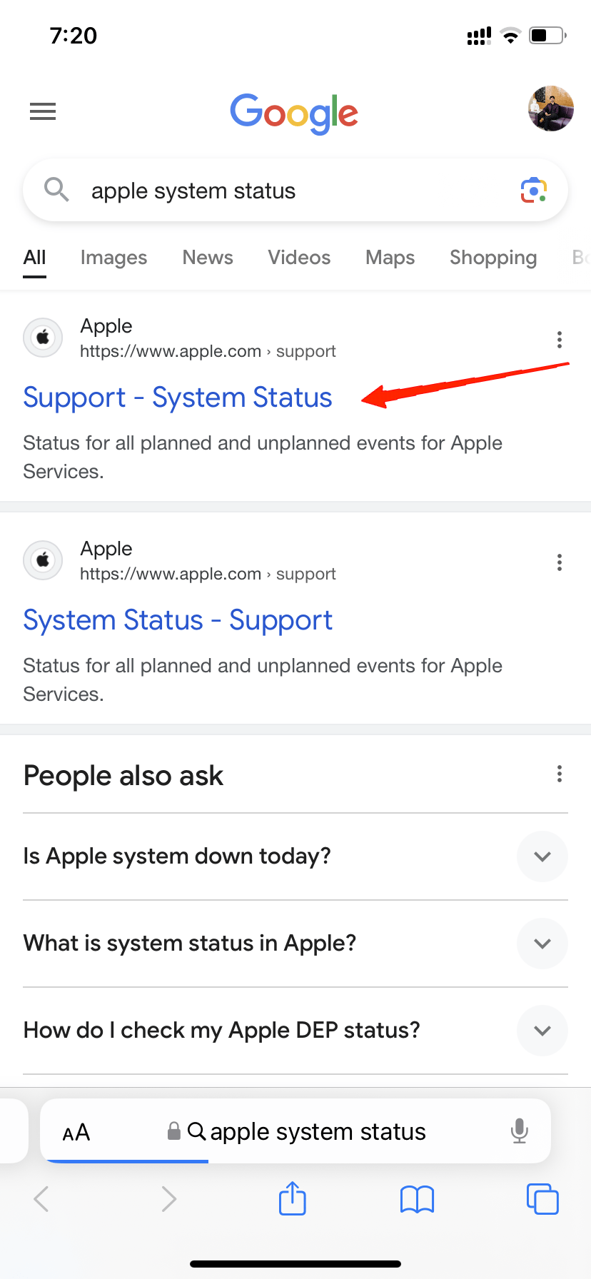 Поиск страницы Apple System Status