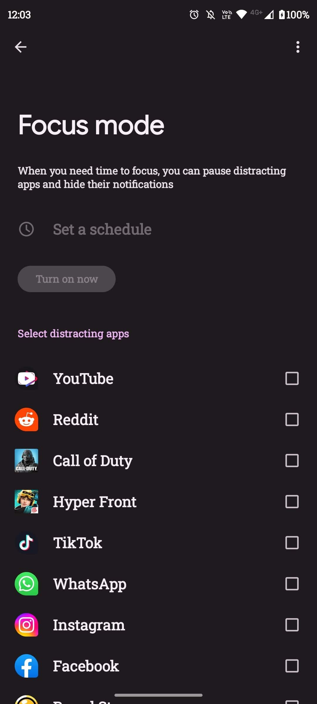 Экран выбора приложений для режима фокусировки